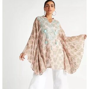 Splash V-neck Embellished Floral 
Tunic with Flared Sleeves Kaftan Top Size 14